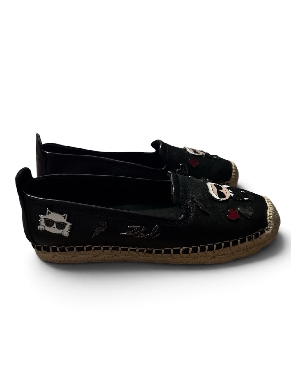 New Women Karl Lagerfeld Slip On Black Leather Embellished Espadrille,Sz 5